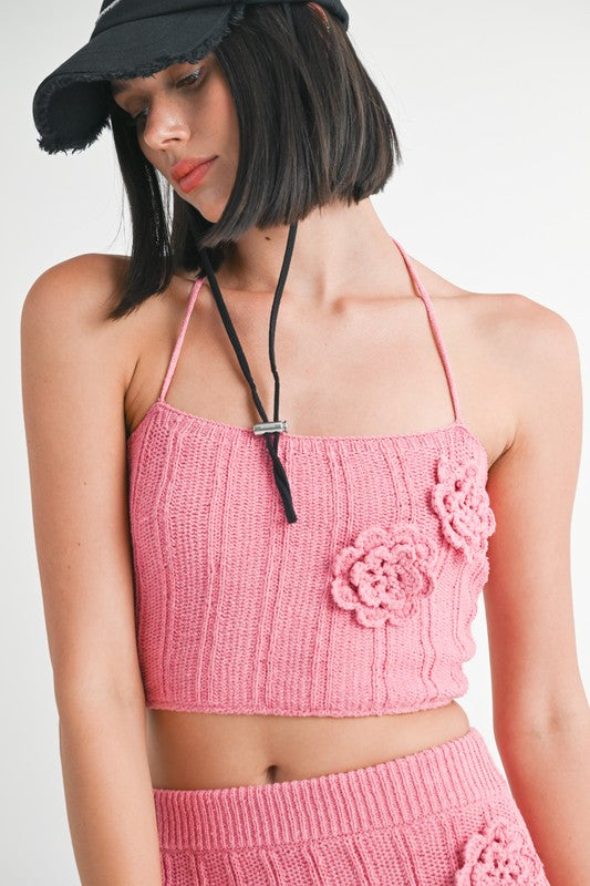 Emory Park pink Halter Neck Knitted Cropped Top with floral details worn by model