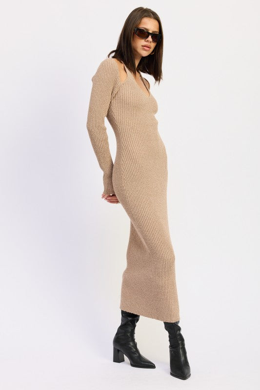 Emory Park Halter Neck Long Sleeve Midi Dress in beige with ribbed texture and stylish cutouts