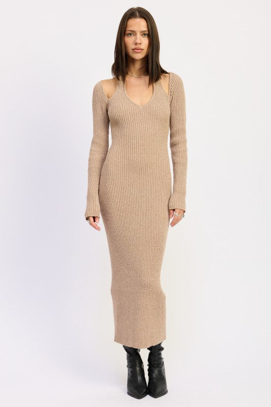 Emory Park Halter Neck Long Sleeve Midi Dress in beige with ribbed texture and cut-out shoulder design