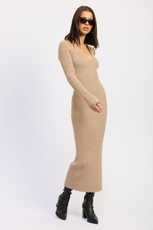 Emory Park Halter Neck Long Sleeve Midi Dress in beige ribbed knit, perfect for stylish casual wear