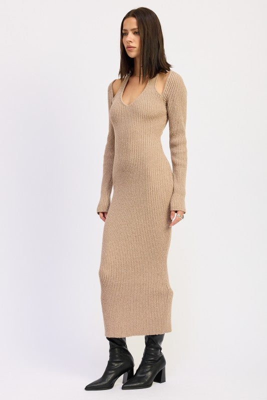 Emory Park Halter Neck Long Sleeve Midi Dress in beige ribbed knit fabric, perfect for stylish layering