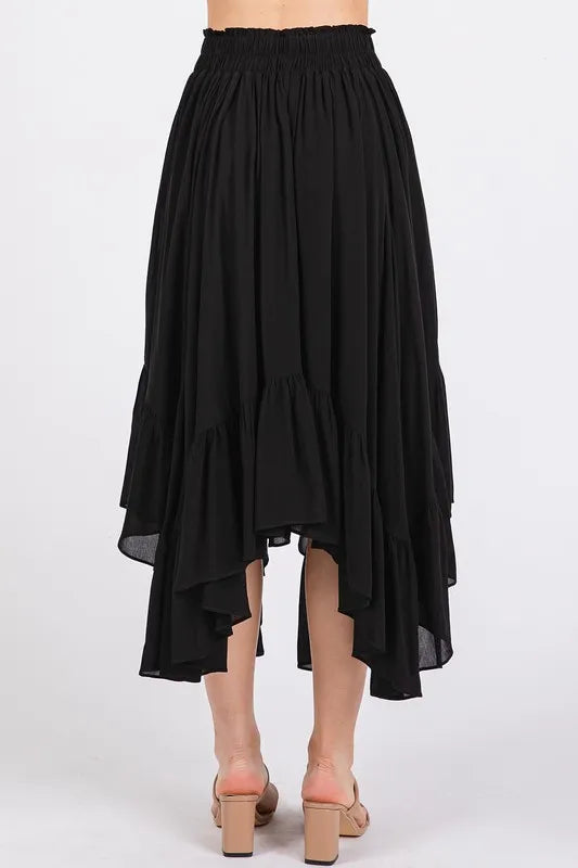 Stylish black handkerchief hem midi skirt with a flowing design and gathered waist for a chic look