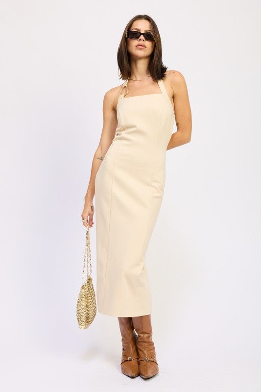Emory Park Hardware Halter Midi Dress in beige with adjustable straps and a sleek silhouette