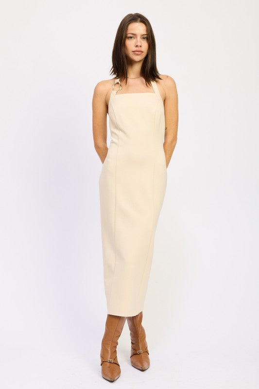 Emory Park Hardware Halter Midi Dress in light beige with a sleek fit and elegant design