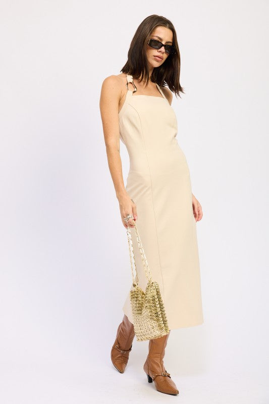 Emory Park Hardware Halter Midi Dress in beige with stylish straps and a fitted silhouette