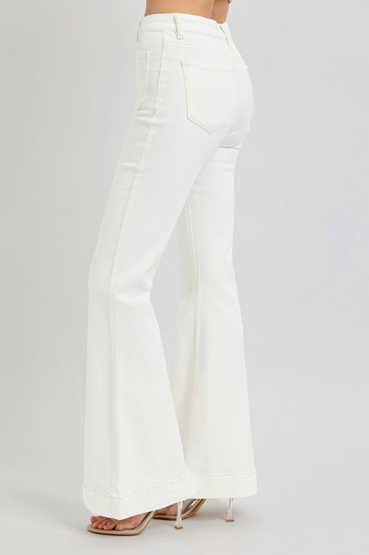 High rise flare jeans in white with a fitted waist and flared hems for a stylish look