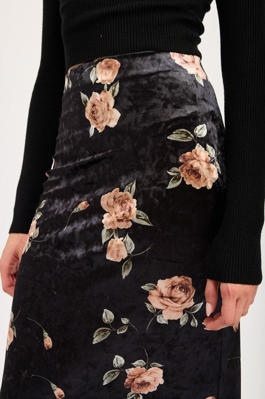 Emory Park High Waist Maxi Pencil Skirt in black velvet with pink floral print worn with black ribbed top