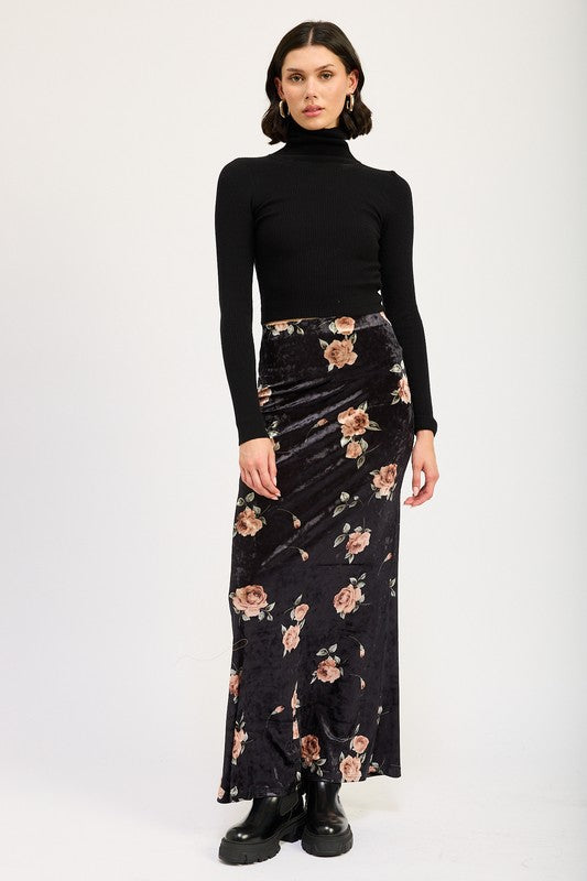Emory Park black floral velvet High Waist Maxi Pencil Skirt worn with black turtleneck and boots