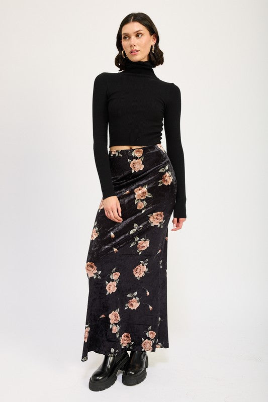 Emory Park high waist maxi pencil skirt in black floral velvet worn with black turtleneck and boots front