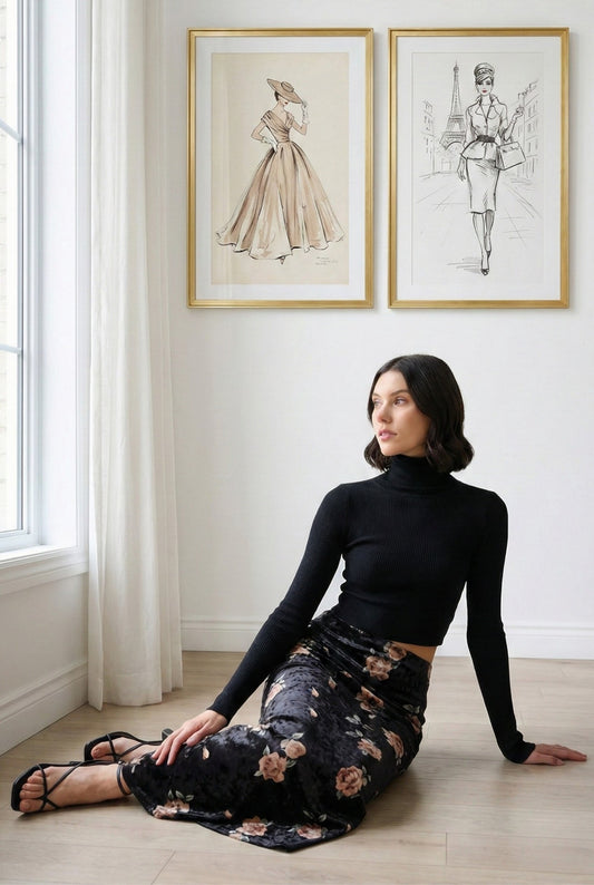 Model wearing Emory Park high waist maxi pencil skirt in black floral velvet worn with black turtleneck and heels sitting on floor of minimalist apartment with fashion wall art behind