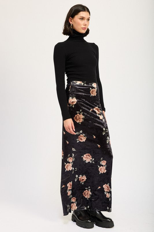 Emory Park High Waist Maxi Pencil Skirt in black with pink floral print worn with black turtleneck