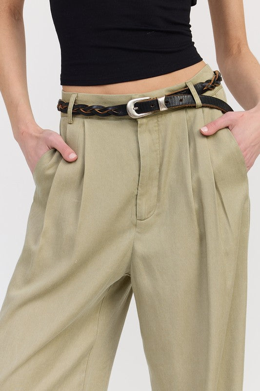 Emory Park High Waist Wide Leg Trousers With Front Pleats in beige with braided belt