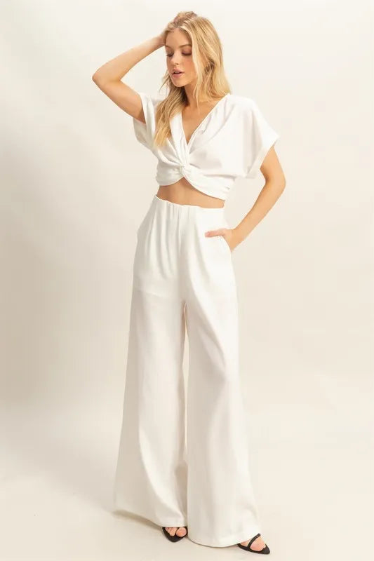 HYFVE Twisted Front Short Sleeve Top and Wide Leg Pants Set in White for a Stylish Summer Look