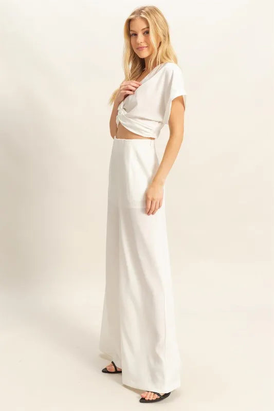 HYFVE Twisted Front Short Sleeve Top and Wide Leg Pants Set in white, perfect for casual summer outings