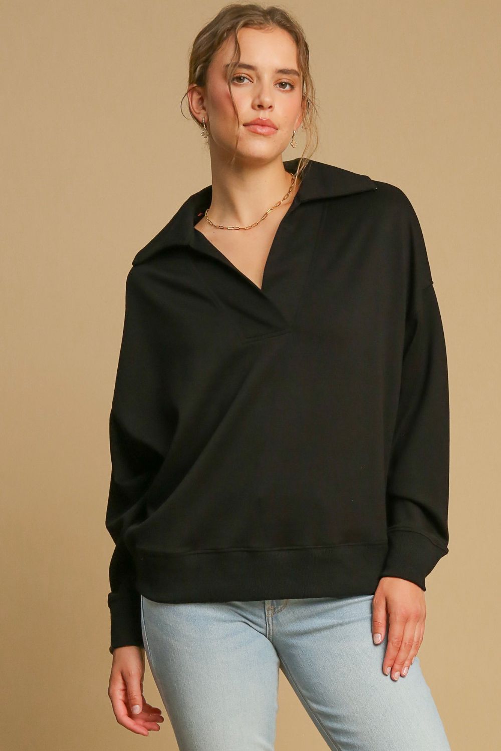 Johnny Collar Dropped Shoulder Sweatshirt in Black for a stylish and comfortable look
