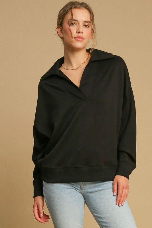 Johnny Collar Dropped Shoulder Sweatshirt in Black for a stylish and comfortable look