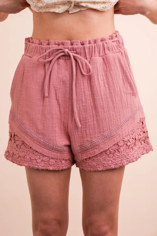 Lace Drawstring Woven Shorts in Pink with Floral Lace Trim for a Stylish Summer Look