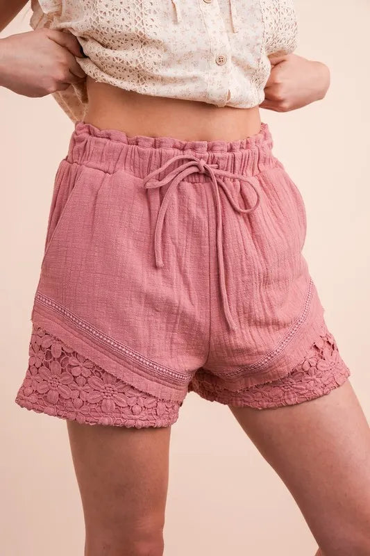 Lace Drawstring Woven Shorts in pink with lace trim and comfortable fit