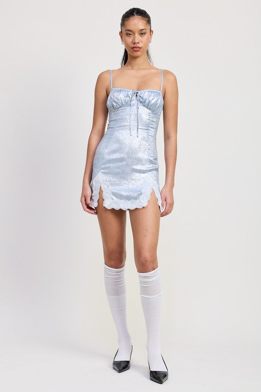 Emory Park silver lace hem mini dress with spaghetti straps and ruched bust detail