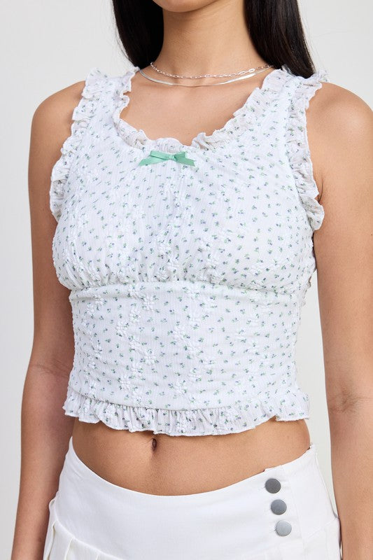 Emory Park Lace Ruffle Edge Top in white with small floral print and green bow detail