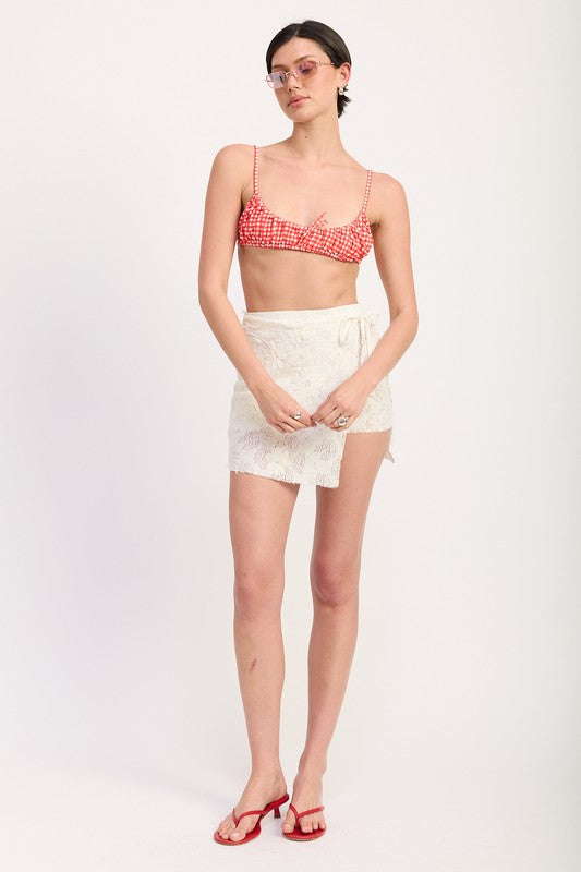 Emory Park Lace Wrap Skirt With Drawstring in white worn with red checkered crop top and red heels
