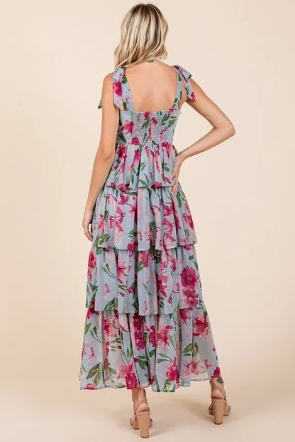 Layered Floral Maxi Dress with Ruffled Sleeves and Tiered Design in Blue and Pink Floral Print