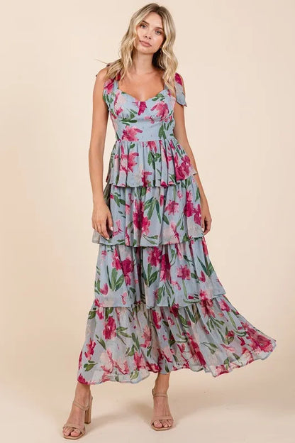 Layered Floral Maxi Dress in light blue with pink flowers and ruffled tiers for a stylish summer look