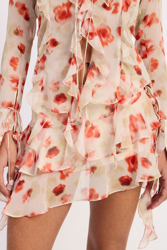 Emory Park Layered Ruffle Mini Skirt in cream chiffon with red floral print asymmetrical hem and tie details