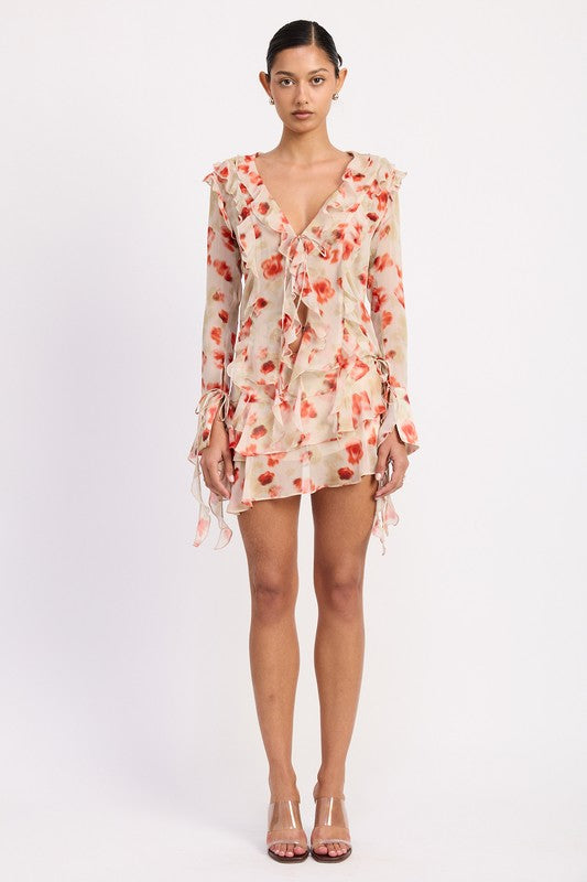 Emory Park floral V neck long sleeve dress with Layered Ruffle Mini Skirt and tie details on sleeves