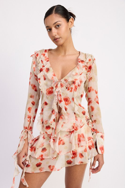 Emory Park floral long sleeve top with Layered Ruffle Mini Skirt in blush red watercolor print on model