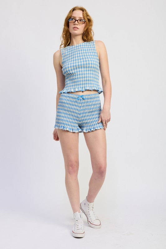 Emory Park Lettuce Hem Smocked Shorts in Light Blue Gingham Pattern with Matching Top