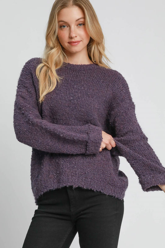 Long Sleeve Bouclé Sweater in Purple with a Relaxed Fit and Soft Texture