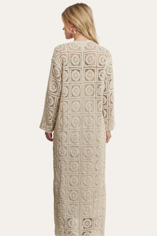 Elegant Long Sleeve Crochet Cardigan in Beige with a Detailed Open-Pattern Design
