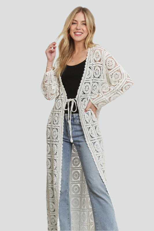 Long Sleeve Crochet Cardigan in White with Tie Closure and Floral Design for Effortless Style