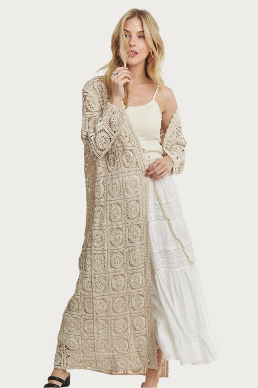 Long Sleeve Crochet Cardigan in Beige, Perfect for Layering Over Dresses or Tops