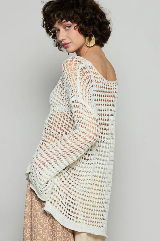 Long Sleeve Knit Cover Up in White with a Stylish Open Weave Design