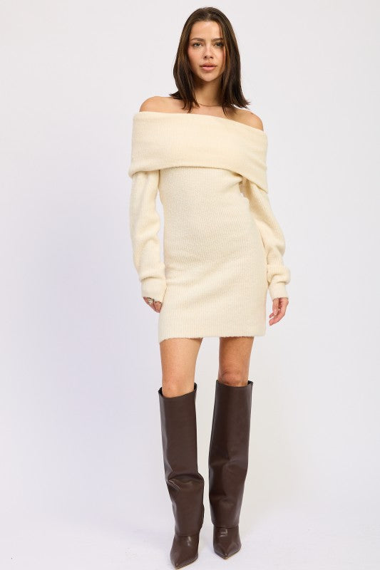 Emory Park Long Sleeve Off-Shoulder Mini Knit Dress cream sweater mini worn with knee high brown leather boots