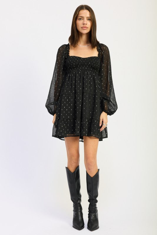 Emory Park Long Sleeve Smocked Baby Doll Mini Dress in black with textured fabric and puff sleeves