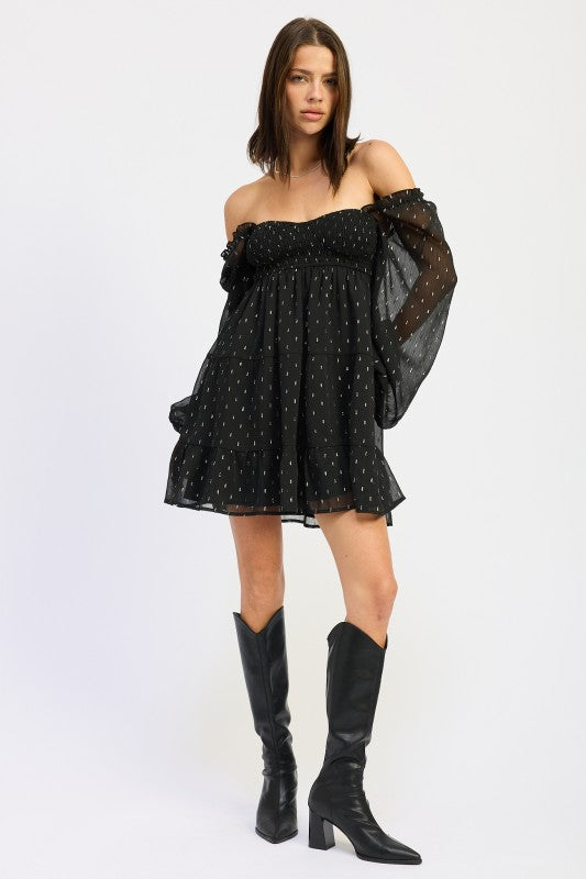 Emory Park Long Sleeve Smocked Baby Doll Mini Dress in Black with Puff Sleeves and Polka Dot Design
