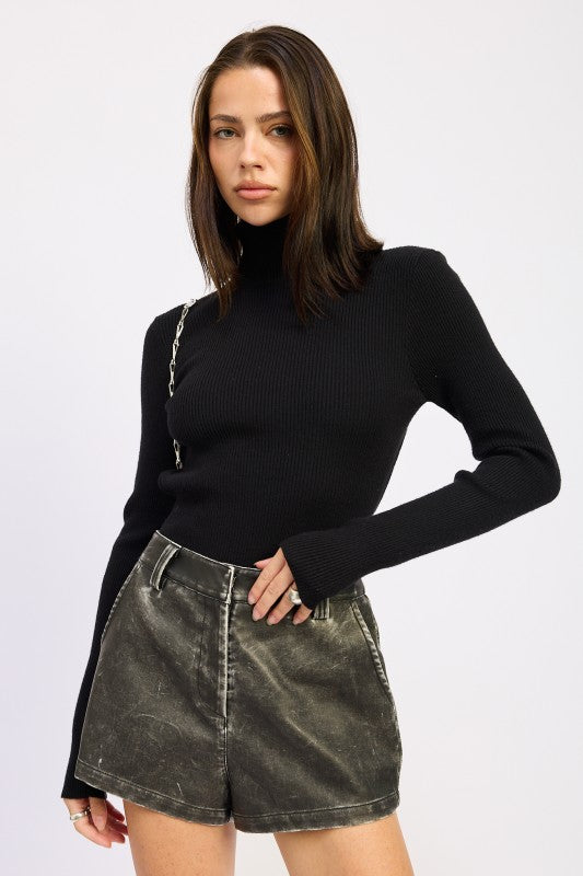 Emory Park Long Sleeve Turtle Neck Bodysuit in Black with Ribbed Texture and Stylish Fit