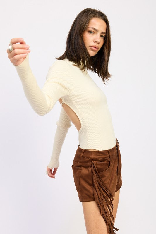 Emory Park Long Sleeve Turtle Neck Bodysuit in Cream with Open Side Design for a Stylish Look