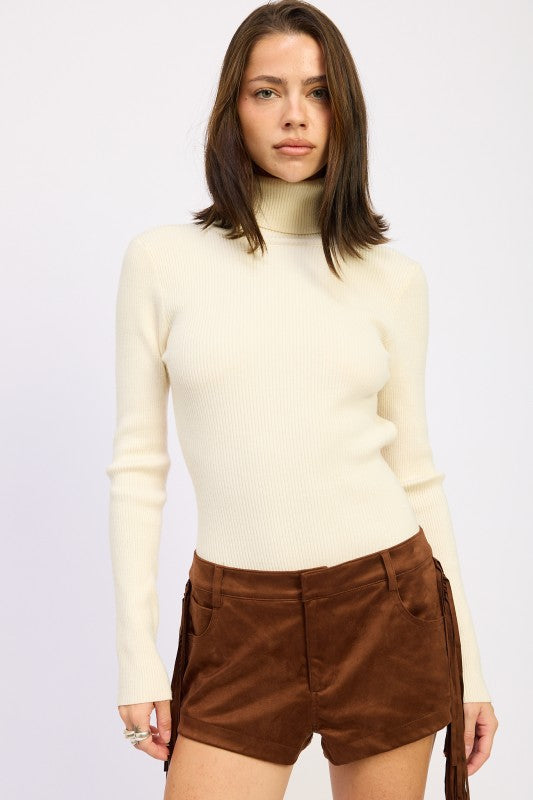 Emory Park Long Sleeve Turtle Neck Bodysuit in Cream with Soft Ribbed Fabric for Stylish Layering
