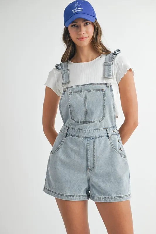 MABLE Square Neck Ruffle Shoulder Denim Overall Romper in light wash denim, perfect for casual summer outings