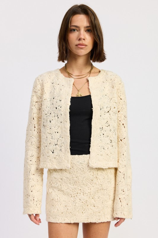 Emory Park Macrame Cropped Jacket in cream with open front and long sleeves for a stylish look