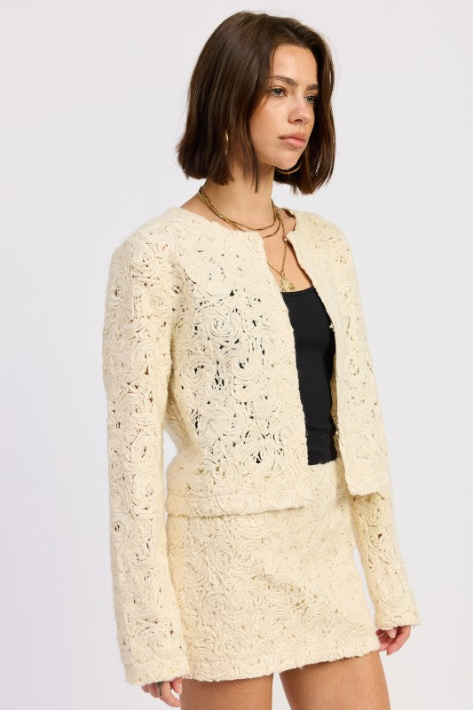 Emory Park Macrame Cropped Jacket in Cream with Intricate Crochet Design for Stylish Layering