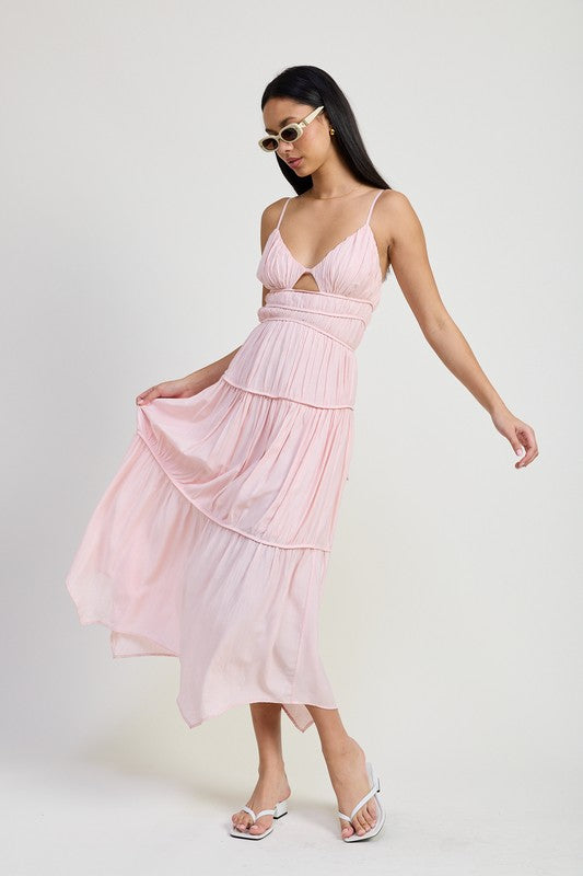 Emory Park Maxi Ruffle Tie Back Dress in light pink with tiered skirt and spaghetti straps