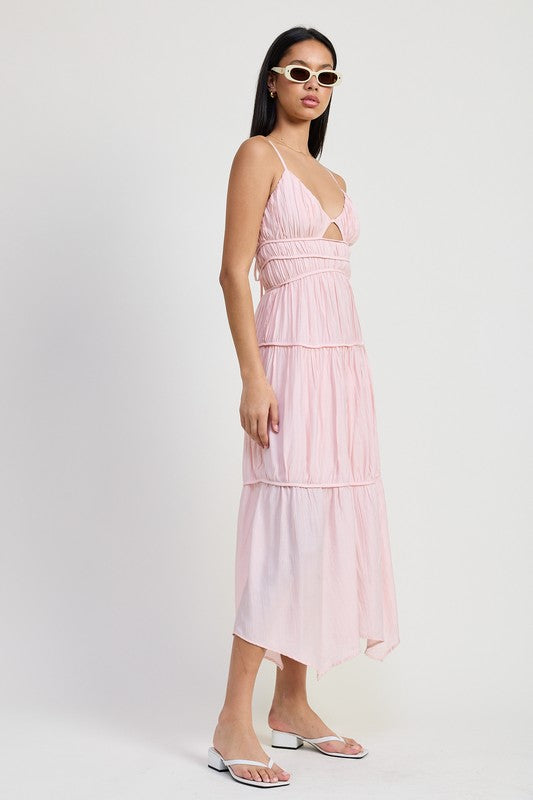Emory Park Maxi Ruffle Tie Back Dress in light pink with tiered ruffles and spaghetti straps