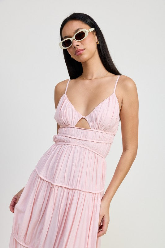 Emory Park Maxi Ruffle Tie Back Dress in light pink with spaghetti straps and ruffle detailing