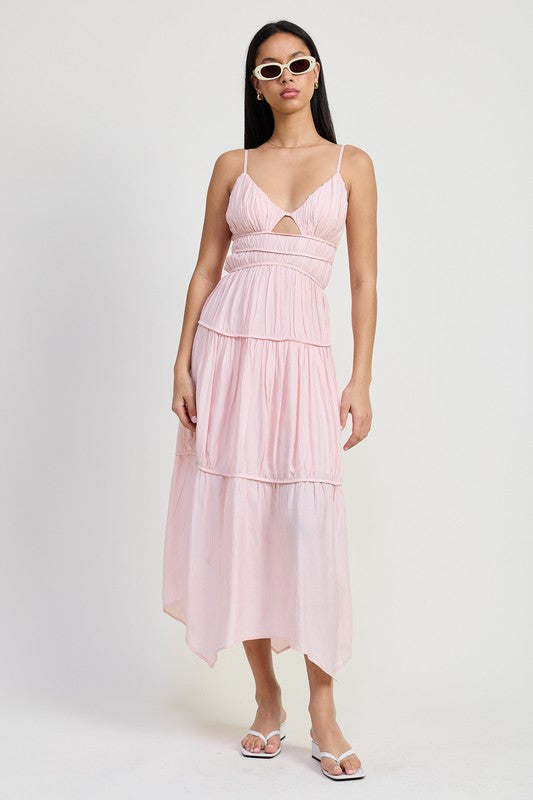 Emory Park Maxi Ruffle Tie Back Dress in light pink with spaghetti straps and tiered ruffle design