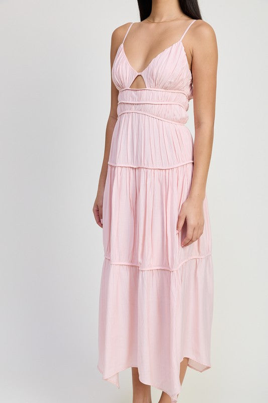 Emory Park Maxi Ruffle Tie Back Dress in soft pink with spaghetti straps and tiered ruffle skirt